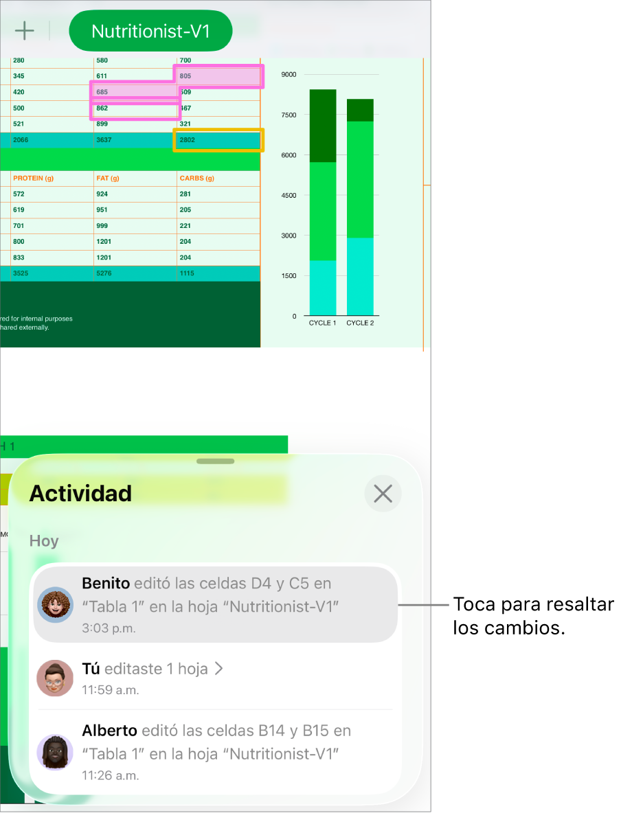 Una hoja de cálculo colaborativa con el menú de colaboración y la lista de actividad abiertos.