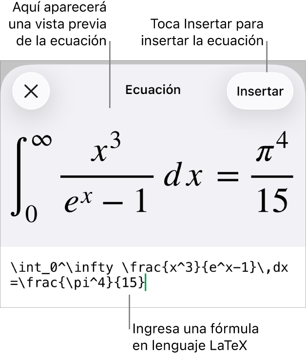 El cuadro de diálogo Ecuación con una ecuación escrita con comandos de LaTeX y una vista previa de la fórmula encima.