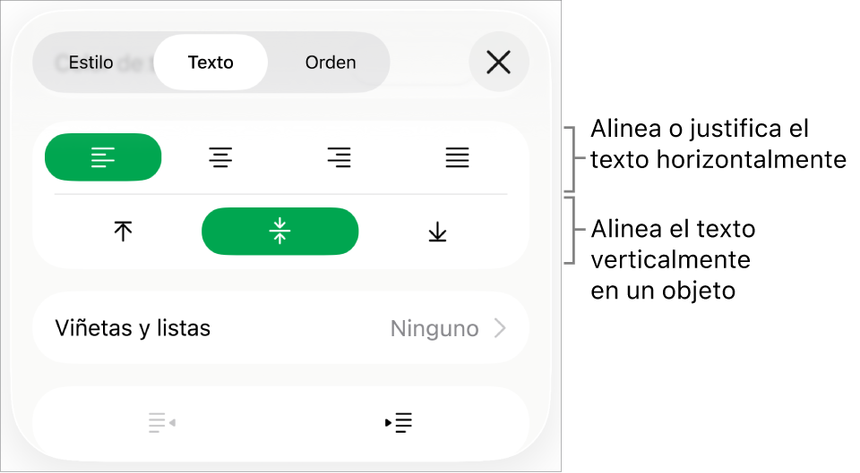 Sección Disposición del inspector de formato con llamadas a los botones de alineación de texto y espaciado.