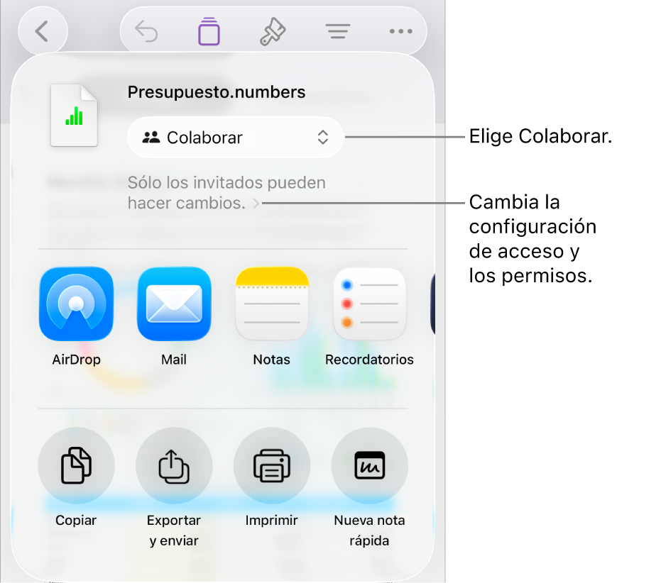 El menú Compartir con la opción Colaborar seleccionada en la parte superior, y la configuración de acceso y permisos debajo.