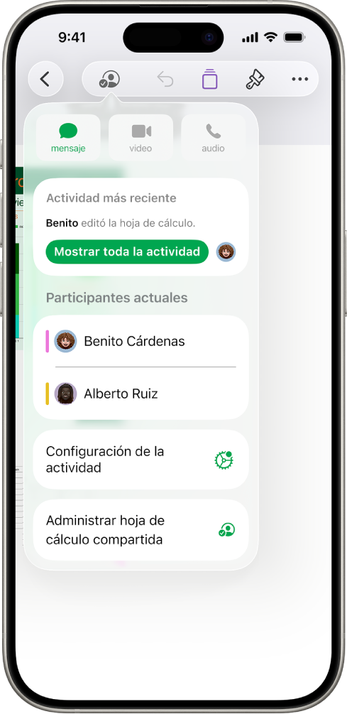 El menú Colaboración mostrando los nombres de las personas que colaboran en la hoja de cálculo.