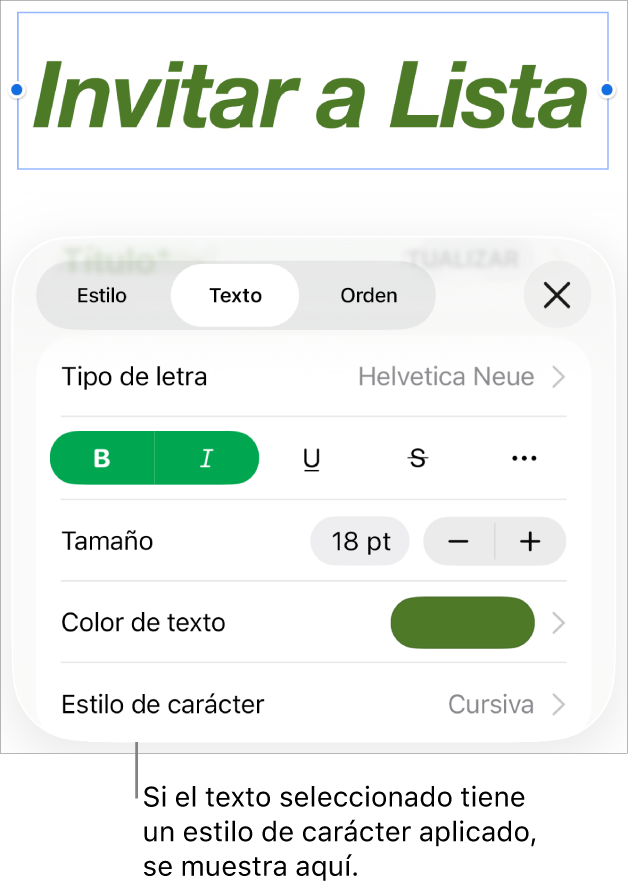 Los controles de formato de texto con Estilo de carácter debajo de los controles de color. El estilo de carácter Ninguno aparece con un asterisco.