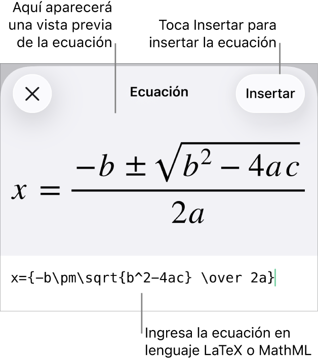 El cuadro de diálogo Ecuación con una ecuación escrita con comandos de MathML y una vista previa de la fórmula encima.