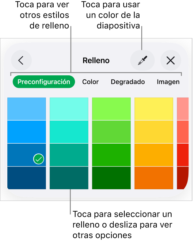 Opciones de relleno en la pestaña Estilo del botón Formato.