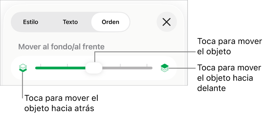 Botón Mover hacia atrás, botón Mover hacia delante y regulador de capa.