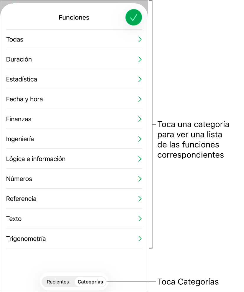 El explorador de funciones con el botón Categorías seleccionado y la lista de categorías debajo.