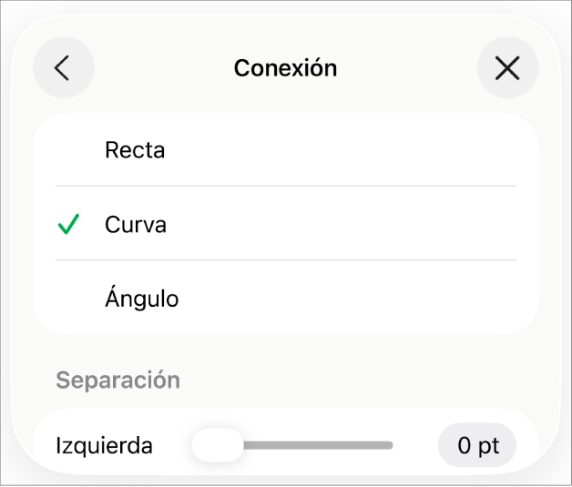 Los controles de Conexión con la opción Curva seleccionada.