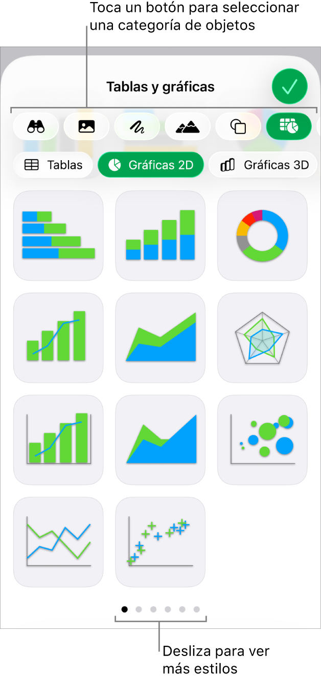 Los controles para agregar un objeto, con botones en la parte superior para seleccionar tablas, gráficas, figuras (líneas y cuadros de texto incluidos) y contenidos.
