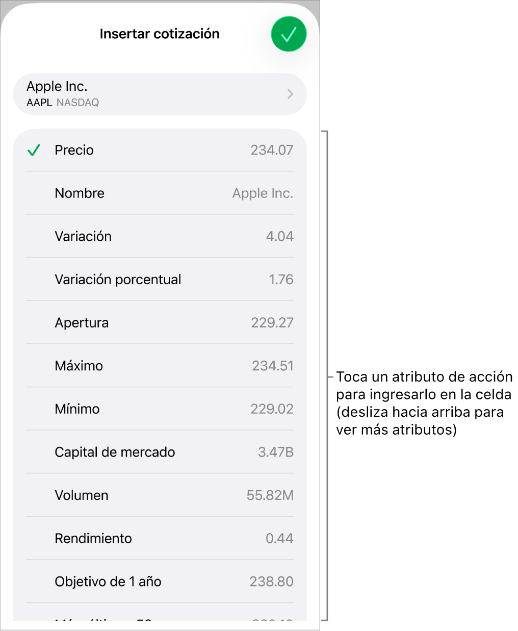 El menú desplegable de cotización de acciones, con el nombre de la acción en la parte de arriba y una lista de atributos de cotización seleccionables (precio, nombre, variación, variación porcentual y apertura) debajo.