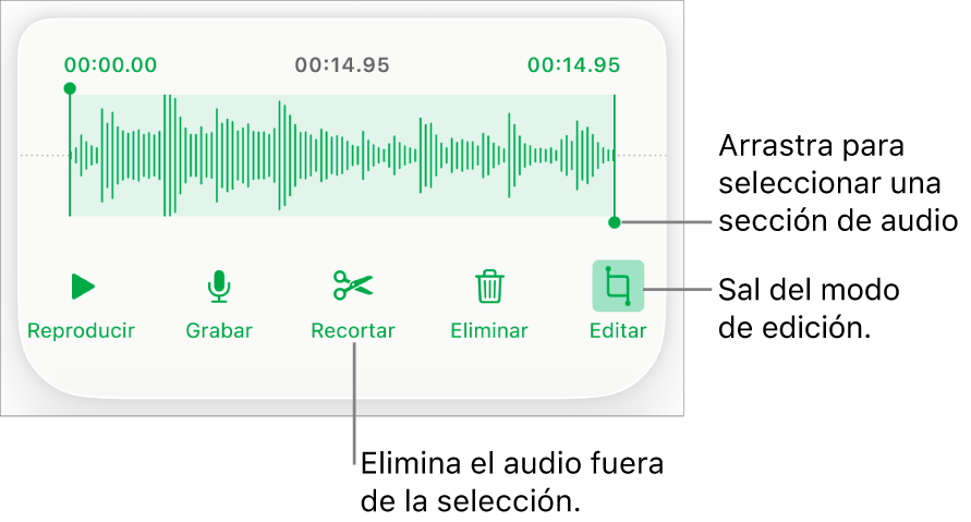 Controles para editar grabaciones de audio. Las manijas indican la sección seleccionada de la grabación. Los botones Previsualizar, Grabar, Recortar, Eliminar y Salir del modo de edición se encuentran abajo.