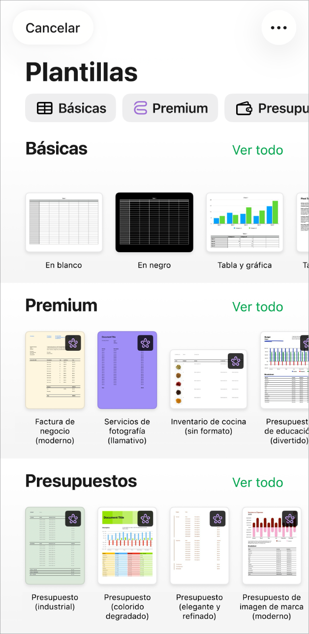 El selector de plantilla muestra una fila de categorías a lo largo de la parte superior en las que puedes tocar para filtrar las opciones. En la parte inferior, organizadas en filas por categoría, aparecen miniaturas de las plantillas prediseñadas, comenzando con la categoría Básicas en la parte superior, seguida por las categorías Finanzas personales, Personal y Negocios. En la parte superior derecha de cada fila de categoría aparece un botón Ver todo. El botón Cancelar se encuentra en la esquina superior derecha.