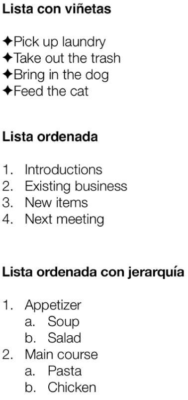 Ejemplos de listas con viñetas, ordenada y ordenada con jerarquía.
