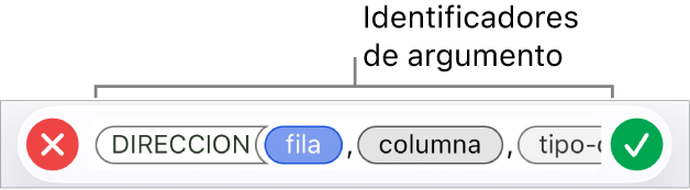 El editor de fórmulas con una función e identificadores de argumentos.