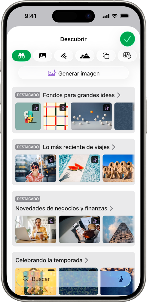 La categoría Descubrir del centro de contenido, que muestra opciones para generar una imagen o agregar imágenes premium a una hoja de cálculo.