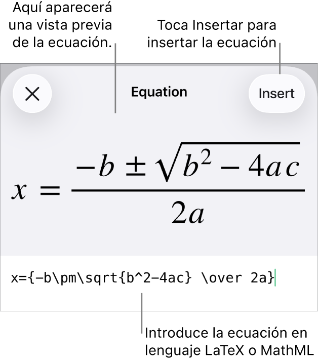 El diálogo Ecuación con una ecuación escrita con comandos de MathML y una previsualización de la fórmula encima.