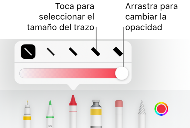 Controles para seleccionar un tamaño de trazo y un regulador para ajustar la opacidad.