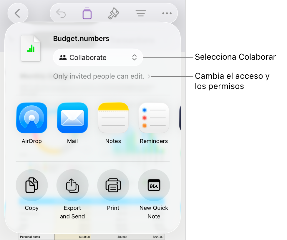 El menú Compartir con la opción Colaborar seleccionada en la parte superior y los ajustes de acceso y permisos debajo.