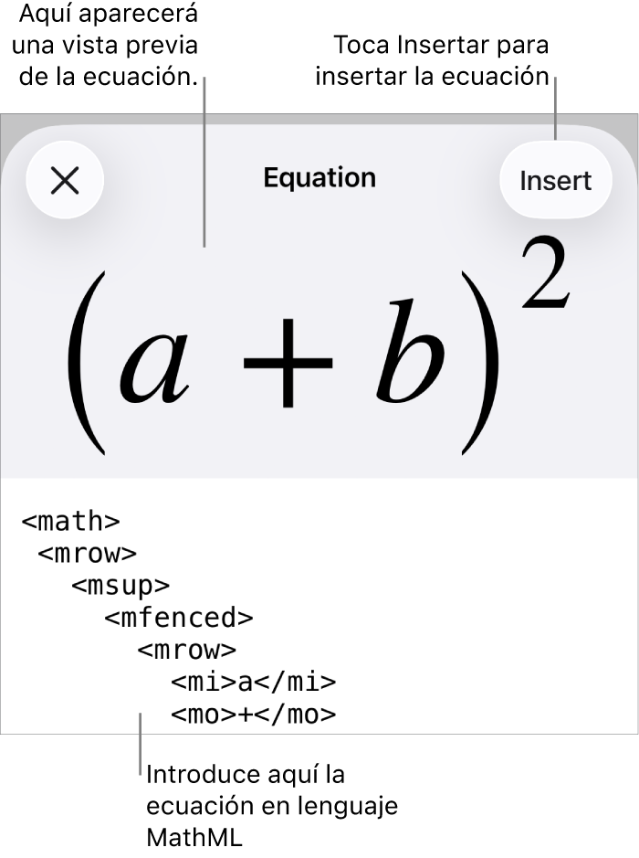 El diálogo Ecuación con una ecuación escrita con comandos de MathML y una previsualización de la fórmula encima.