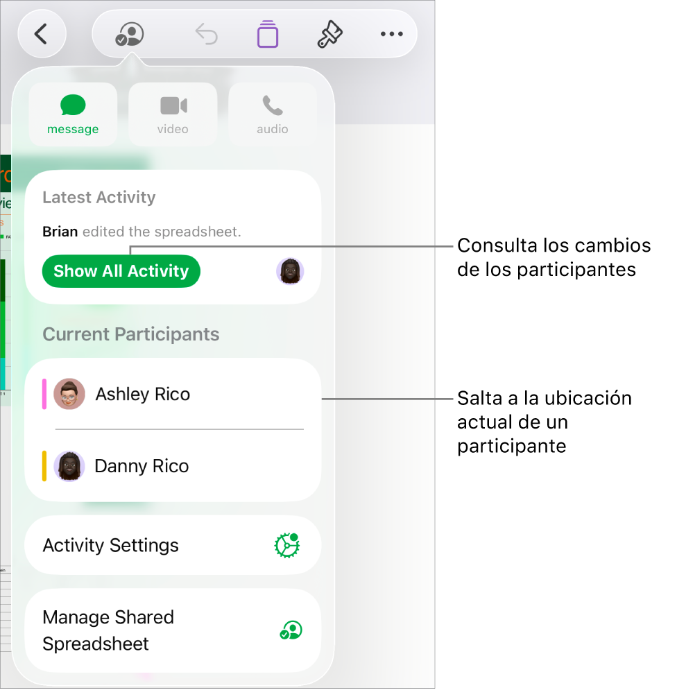 El menú de colaboración con los participantes actuales.