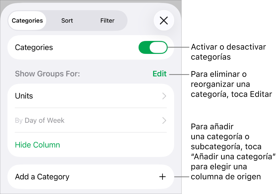 El menú Categorías para iPhone con opciones para desactivar categorías, eliminar categorías, reagrupar datos, ocultar una columna de origen y añadir categorías.