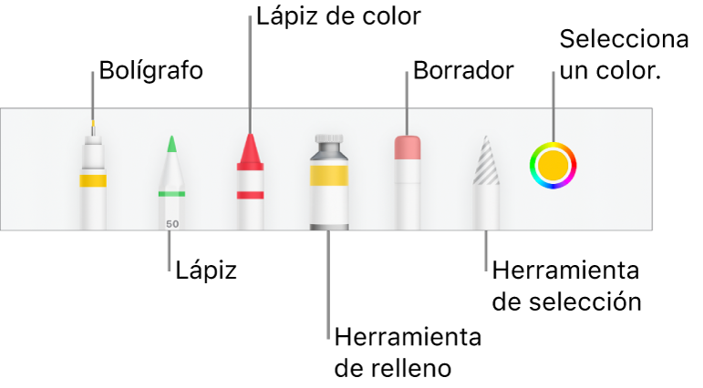 La barra de herramientas de dibujo en la app Numbers del iPhone, con un bolígrafo, lápiz, lápiz de color, relleno, borrador, herramienta de selección y paleta de colores, que muestra el color actual.