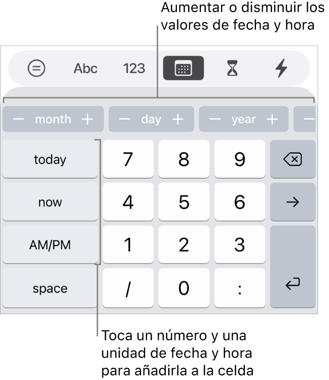 El teclado de fecha y hora. Una fila de botones situados en la parte superior muestran unidades de tiempo (mes, día y año) que puedes incrementar para cambiar el valor mostrado en la celda. Hay teclas en la izquierda para hoy, ahora y AM/PM, así como teclas numéricas en el centro del teclado.