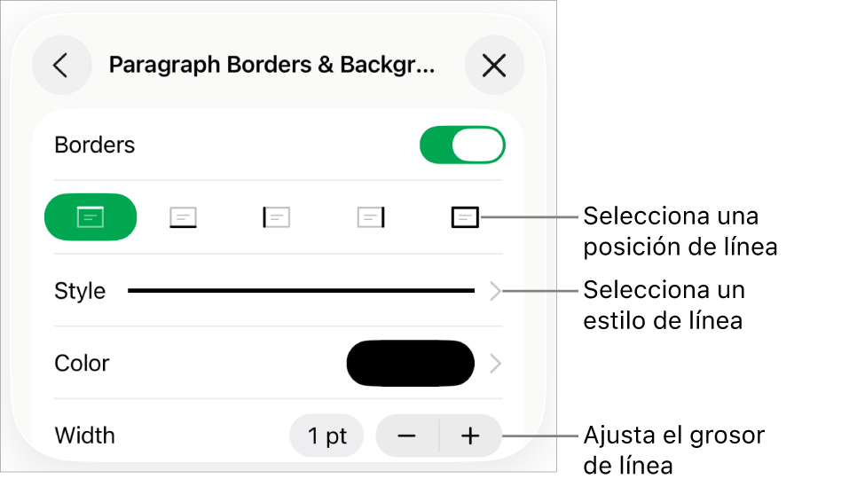 Controles para cambiar el estilo de línea, grosor, posición y color.