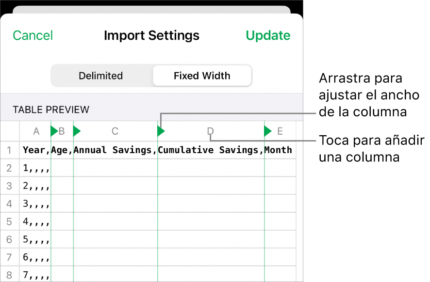 Los ajustes de importación de un archivo de texto de ancho fijo.