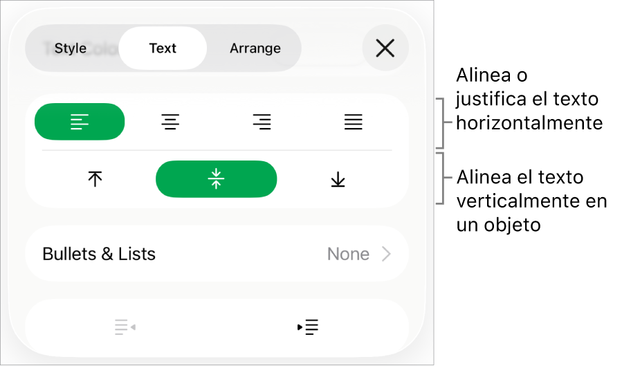 Sección Disposición del inspector de formato con llamadas a los botones de alineación de texto y espaciado.