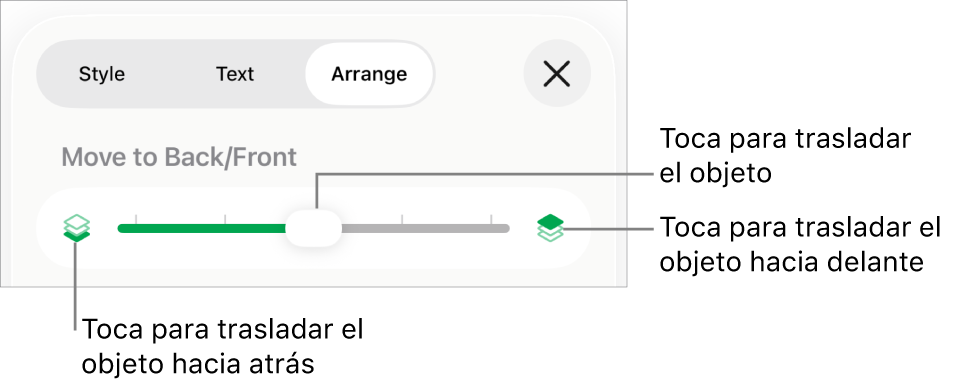 Botón “Mover hacia atrás”, botón “Mover hacia delante” y regulador de capa.