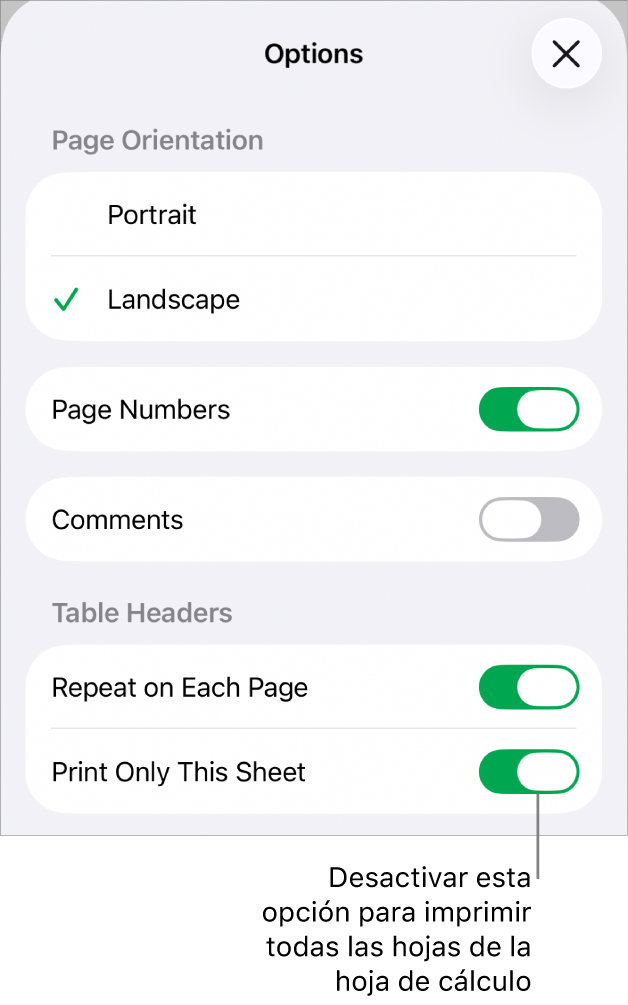 Opciones de impresión para seleccionar la orientación de la página, mostrar el número de páginas y las cabeceras, así como para seleccionar el tamaño del papel y qué páginas imprimir.