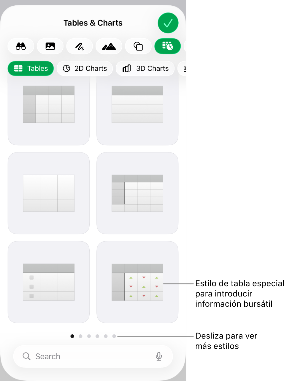 El botón Tabla seleccionado, con estilos de tabla debajo.