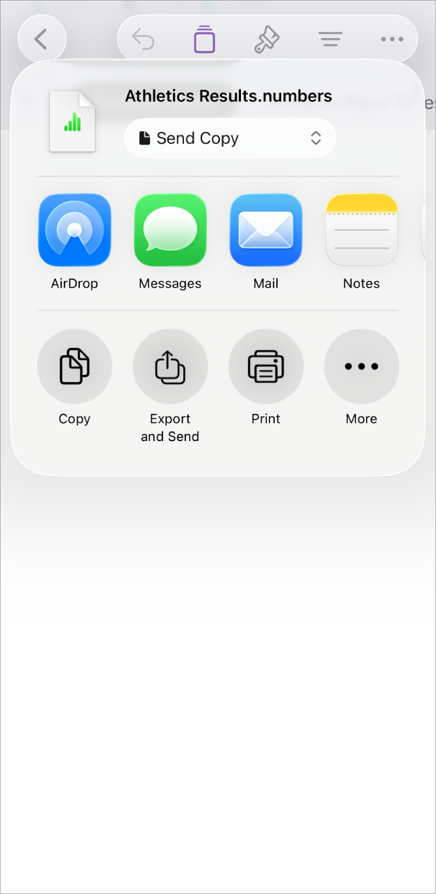 La ventana de Numbers muestra el menú Compartir con opciones para enviar una copia de la hoja de cálculo, exportarla y enviarla en un formato diferente, imprimirla o guardarla en la app Archivos.