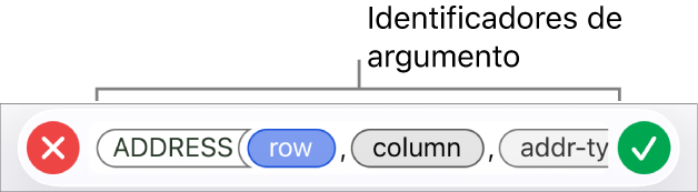 El editor de fórmulas con una función e identificadores de argumentos.