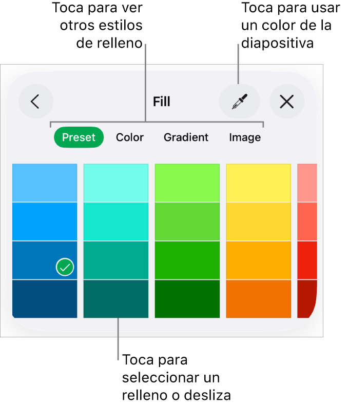 Opciones de relleno en la pestaña Estilo del botón Formato.