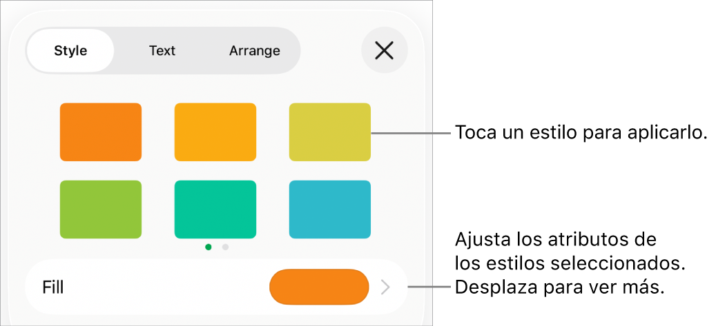 La pestaña Estilo del menú Formato con estilos de figura en la parte superior y una paleta de colores de relleno debajo.