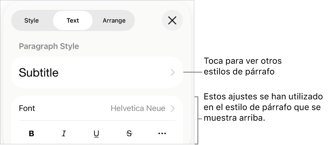 El menú Formato, que muestra controles de texto para configurar los estilos de párrafo y carácter, tipo de letra, tamaño y color.