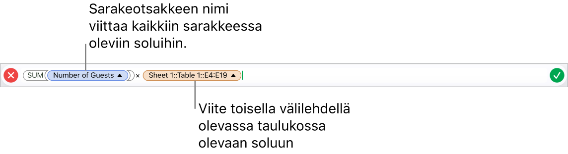 Kaavan muokkaaja, jossa näkyy kaava, joka viittaa yhden taulukon sarakkeeseen ja toisen taulukon soluun.