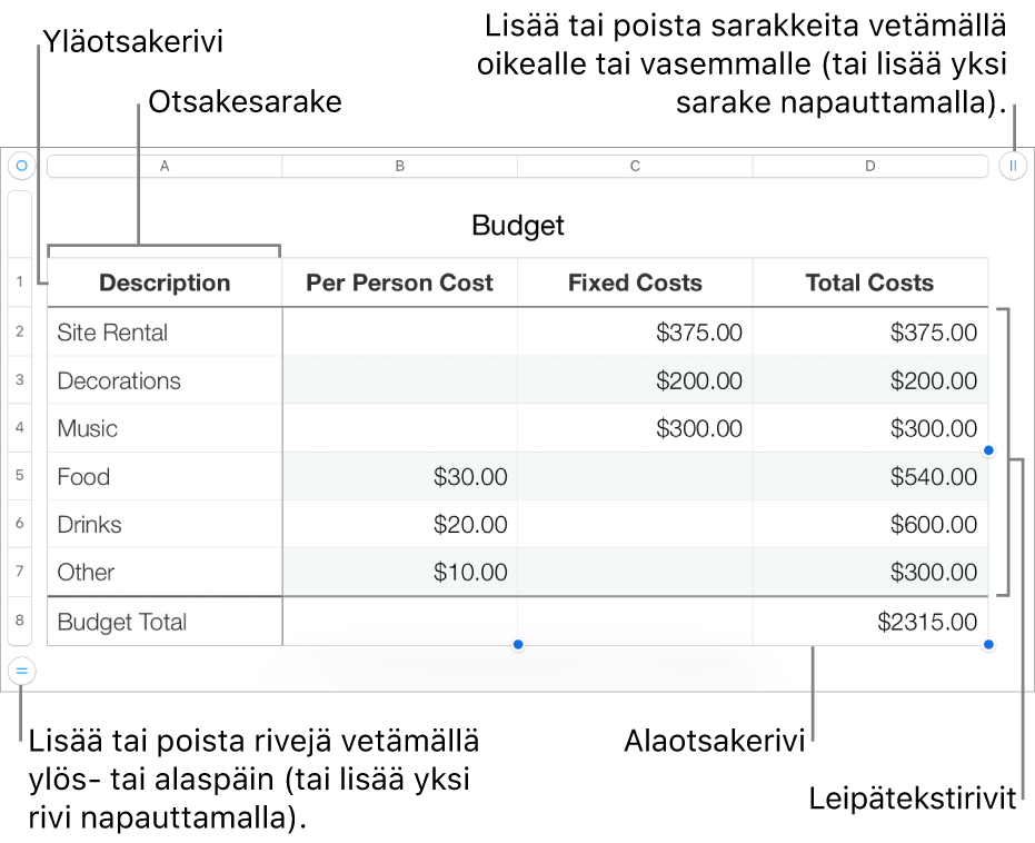 Taulukko, jossa näkyy yläotsake-, leipäteksti- ja alaotsakerivejä ja -sarakkeita sekä kahvoja rivien tai sarakkeiden lisäämiseen tai poistamiseen.