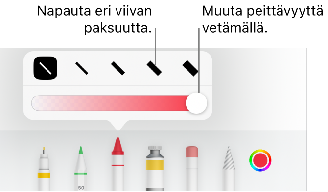 Viivan paksuuden valitsemisen säädin ja peittävyyden säätämisen liukusäädin.