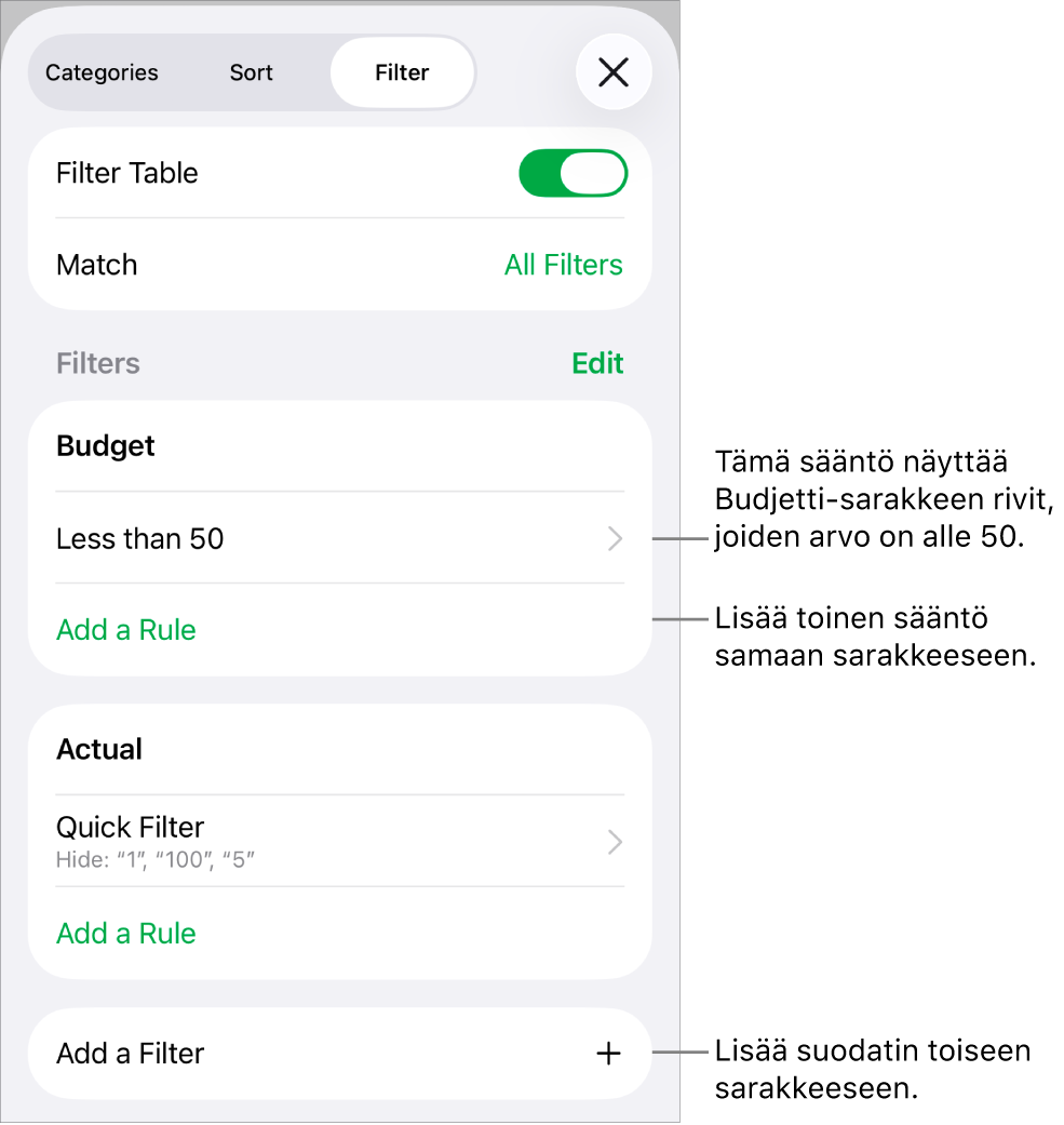 Säätimet, joilla lisätään uusia suodatussääntöjä tai muokataan olemassa olevia.