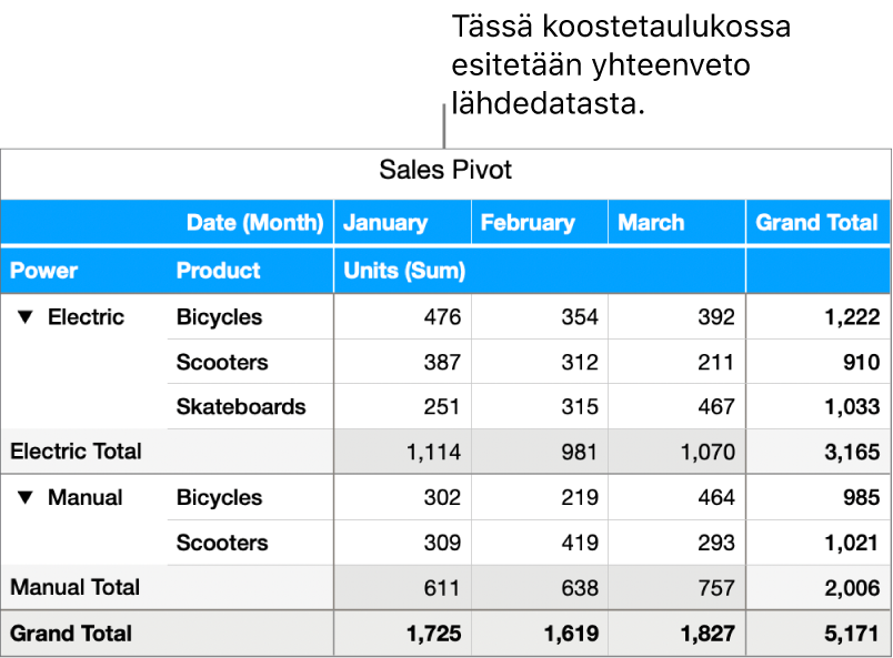 Koostetaulukossa näkyvät yhteenveto datasta polkupyörille, skoottereille ja rullalaudoille ja säätimet tietyn datan näyttämistä varten.