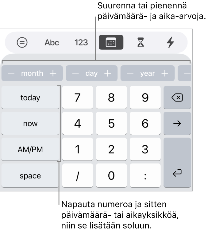 Päivämäärä- ja aikanäppäimistö. Yläreunan lähellä olevassa painikerivissä näkyvät aikayksiköt (kuukausi, päivä ja vuosi). Voit muuttaa solussa näkyvää arvoa lisäys kerrallaan. Vasemmalla olevissa näppäimissä näkyvät tämä päivä, nykyhetki ja AM/PM. Näppäimistön keskellä ovat numeronäppäimet.