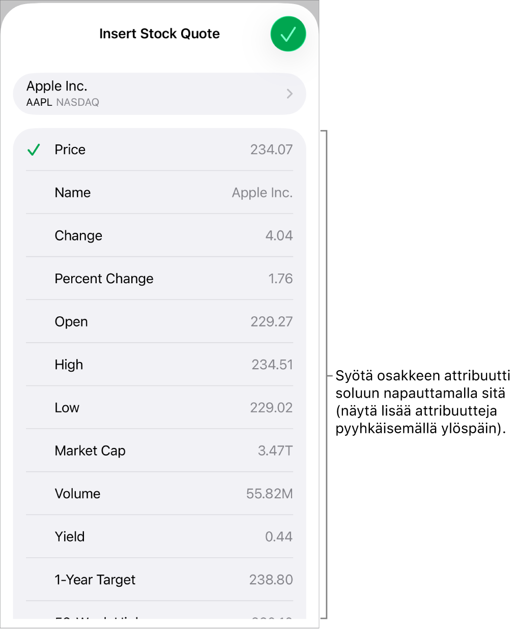 Pörssikurssi-ponnahdusikkuna, jonka yläreunassa näkyy osakkeen nimi ja sen alla luettelo valittavista osakkeen attribuuteista, kuten hinta, nimi, muutos, muutos-% ja avaus.