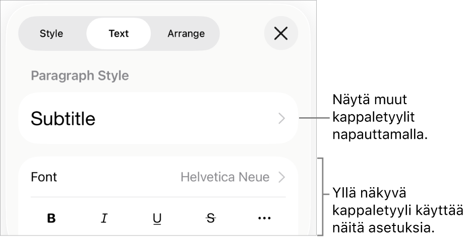 Muoto-valikko, jossa on tekstisäätimet kappale- ja merkkityylien, fontin, koon ja värin valitsemista varten.