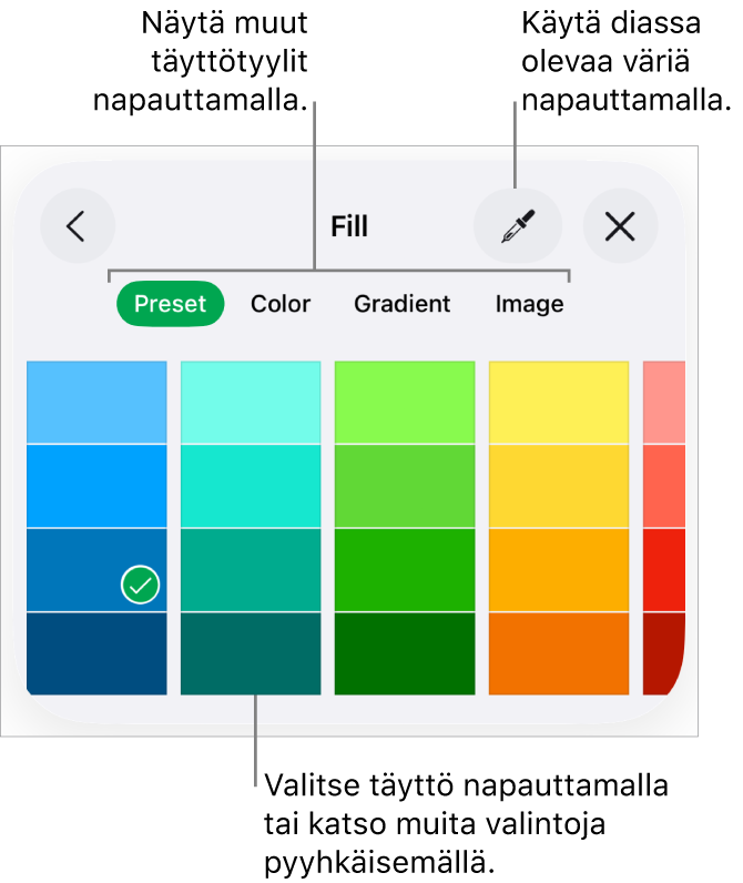 Muoto-painikkeen Tyyli-välilehden täyttövalintoja.