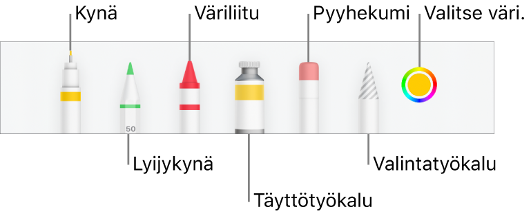 iPhonen Numbersin piirrostyökalupalkki mukaan lukien kynä, lyijykynä, väriliitu, täyttötyökalu, pyyhekumi, valintatyökalu ja värivalitsin, jossa näkyy nykyinen väri.