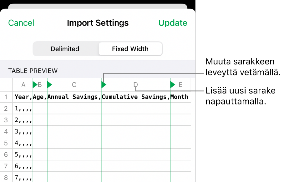 Kiinteän leveyden tekstitiedoston tuontiasetukset.