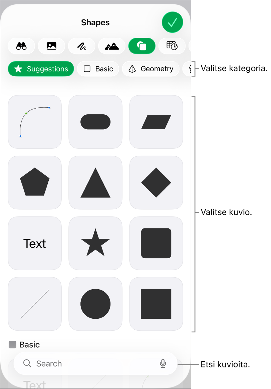 Kuviokirjasto, jossa näkyy yläreunassa kategorioita ja alla kuvioita. Voit etsiä kuvioita yläreunassa olevan hakukentän avulla ja näyttää niitä lisää pyyhkäisemällä.