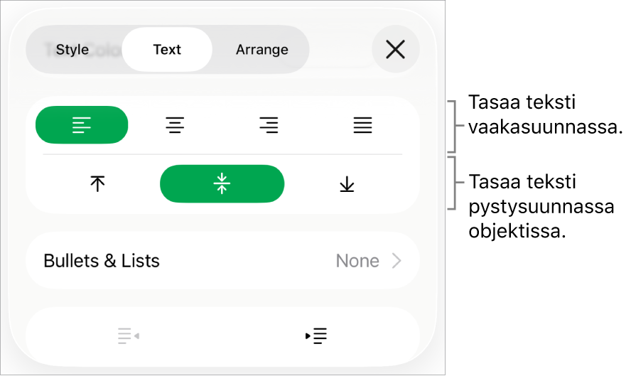 Muoto-inspektorin Asettelu-osio ja tekstin tasaus- ja välistyspainikkeiden selitteet.